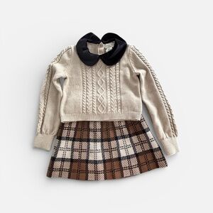Kids Cable Knit Sweater with Plaid Skirt - Beige and Brown